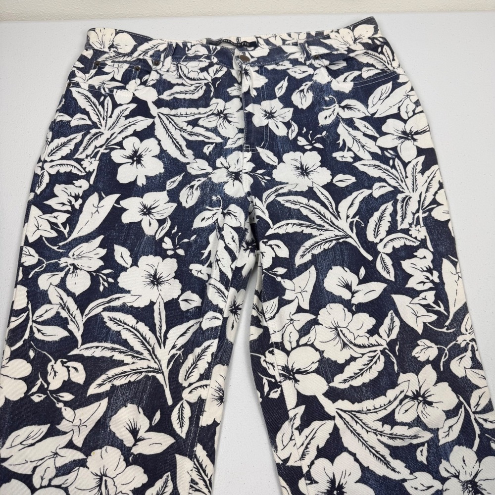Bill Blass Jeans Womens 14 Short Blue White Floral Tropical Straight Leg Pants - Picture 9 of 11